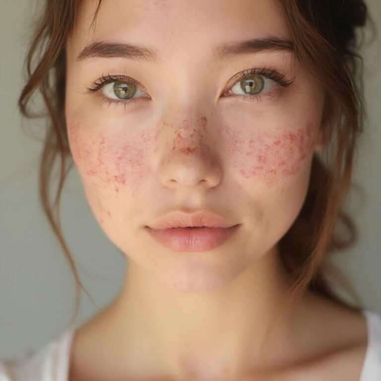 A close-up, authentic portrait of a young woman's face, showing the common signs of Hormonal Acne with redness and breakouts on her cheeks and nose.