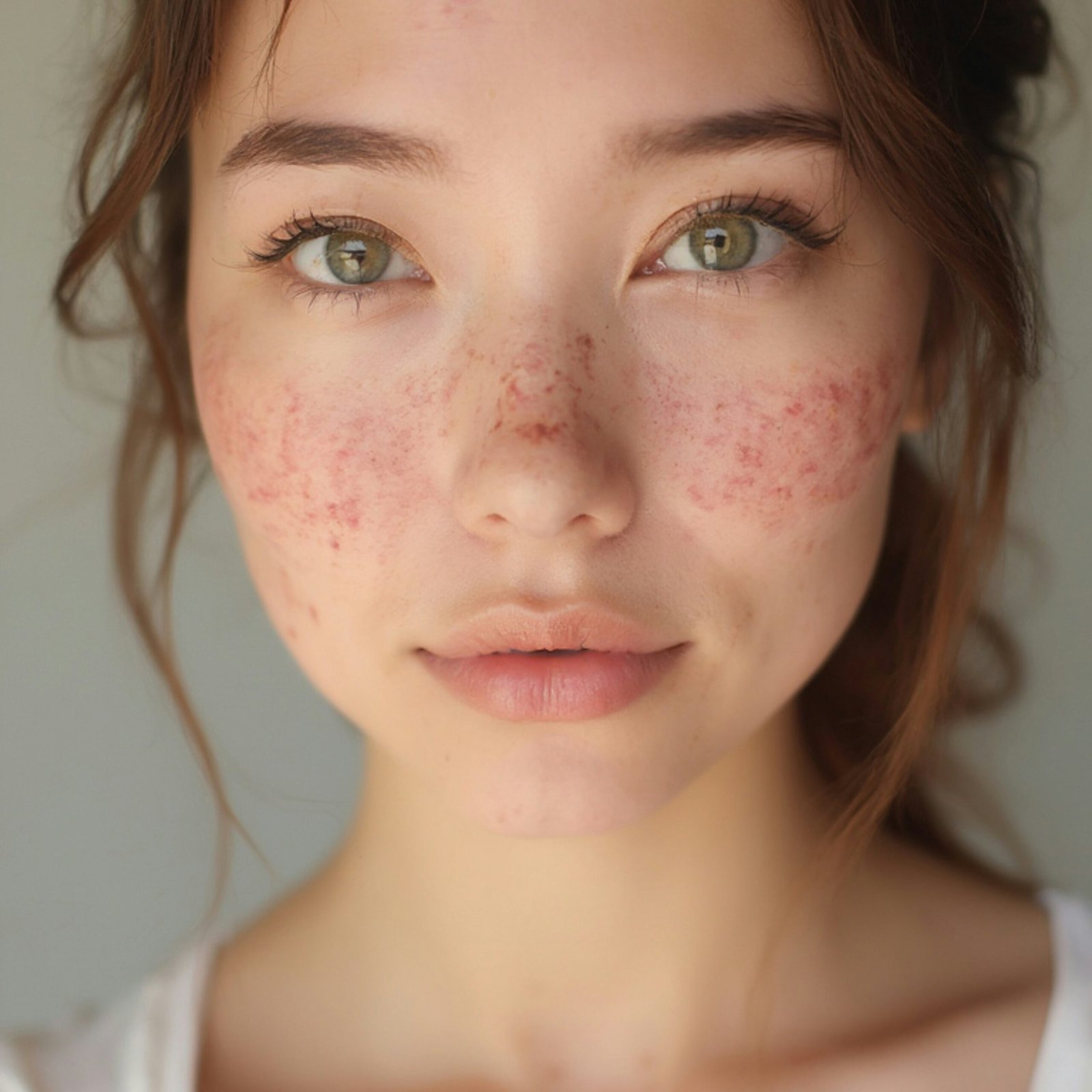 A close-up, authentic portrait of a young woman's face, showing the common signs of Hormonal Acne with redness and breakouts on her cheeks and nose.